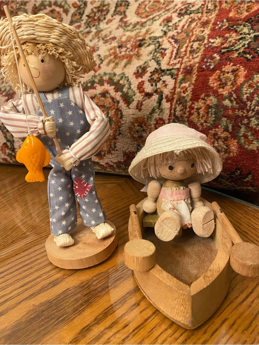 Source Unknown Blue-Star Fisherman Doll with Pink-Hat Seated Doll and Wood Boat